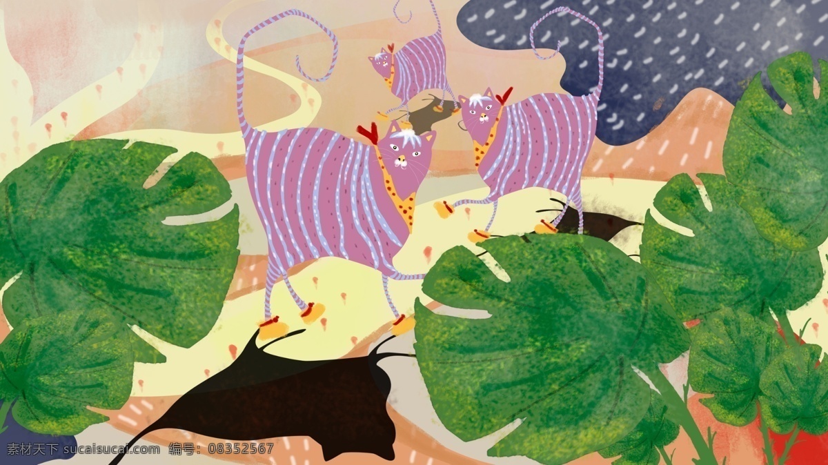 清新 简约 抽象 紫色 猫 趣味 插画 动物 波点 小清新