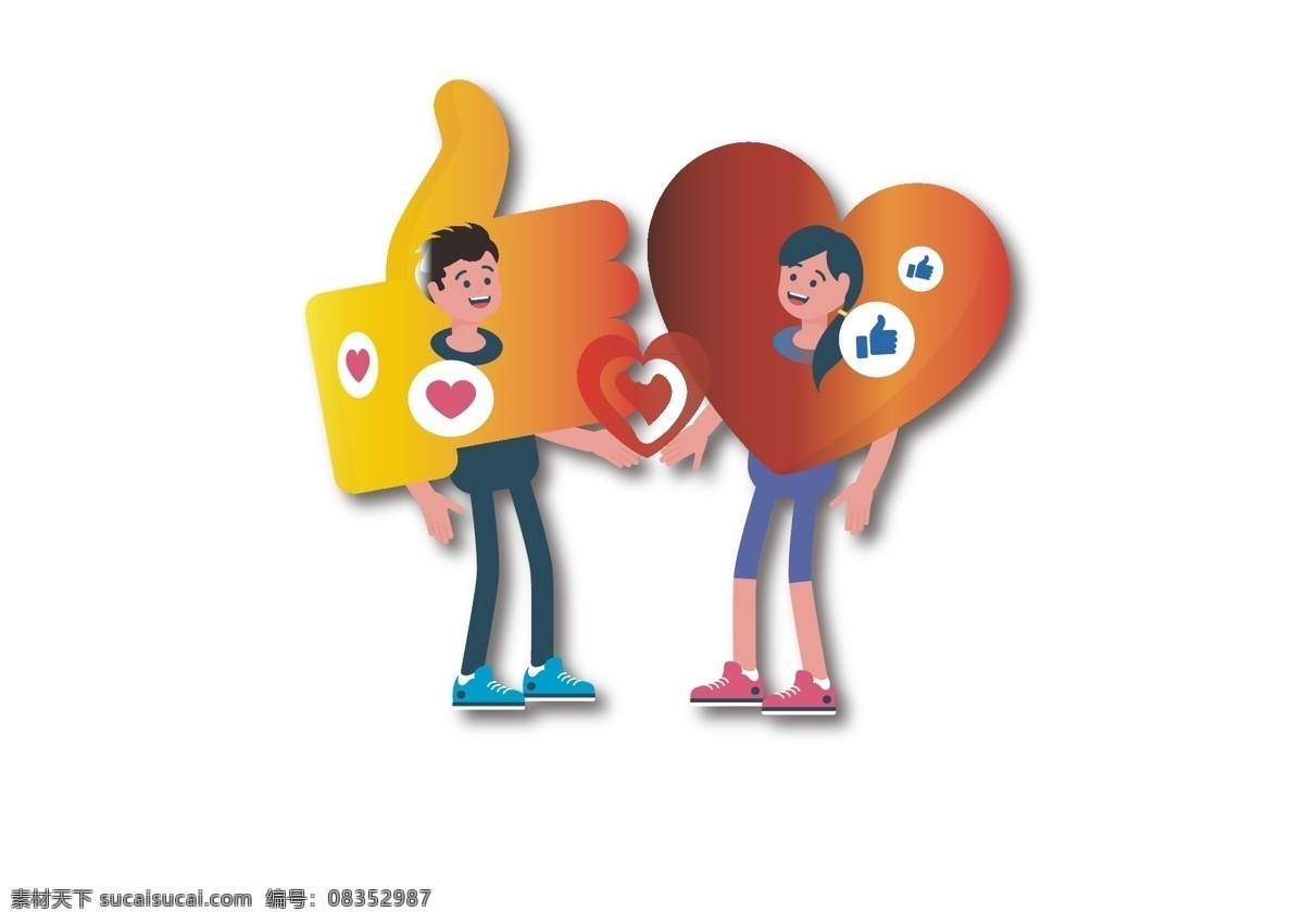 卡通 握手 一对 情侣 清新 浪漫 爱情 人物 创意 爱心 手势 交流 表达 沟通 男性 女性 彩色