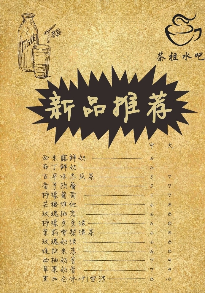 复古菜单 奶茶单 饮料单 新品推荐 牛皮纸 牛奶 茶杯 菜单菜谱 矢量