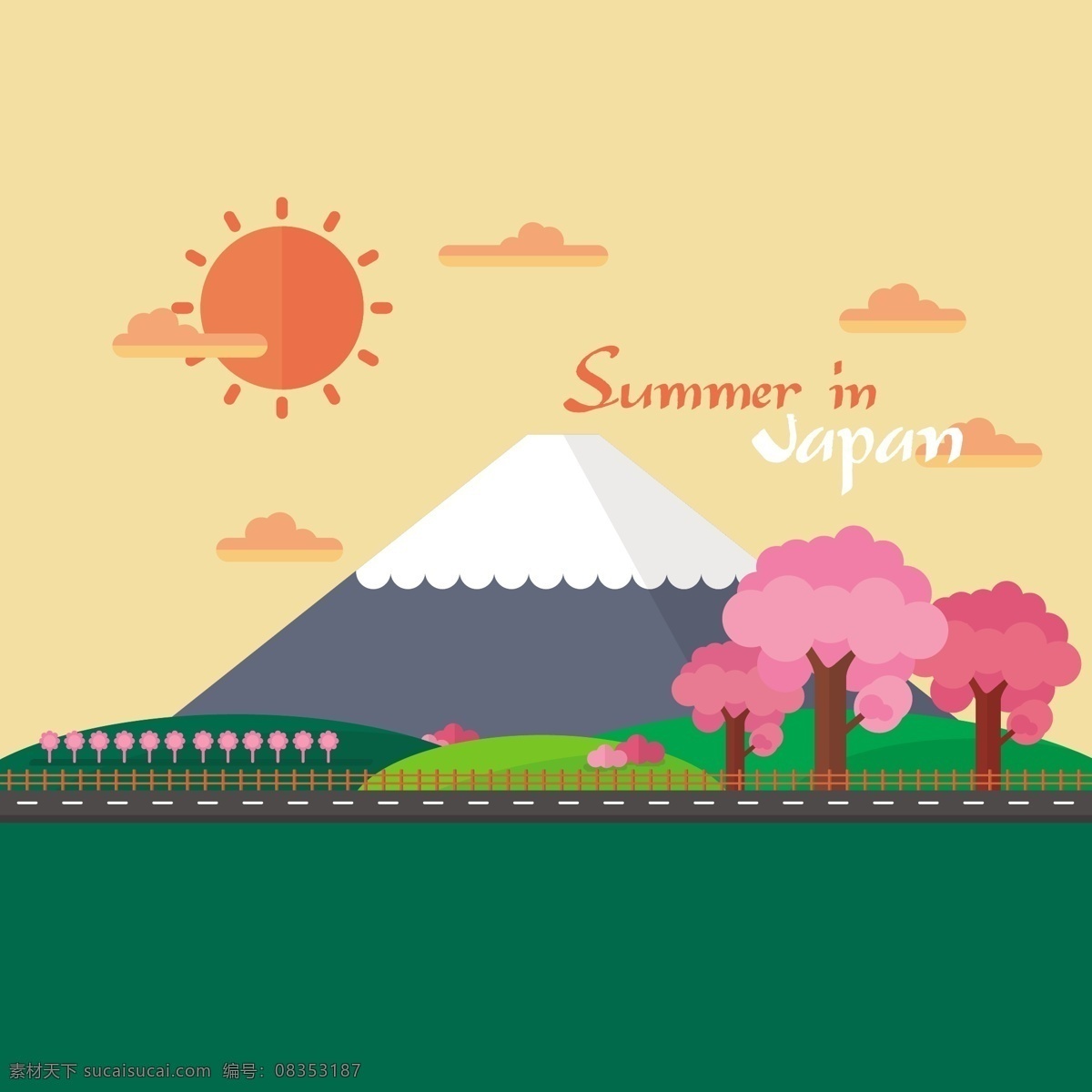 日本背景设计 背景 树 夏季 海 海滩 山 太阳 日本 色彩 假日 树木 度假 文化 传统 樱桃 夏季海滩 乡村