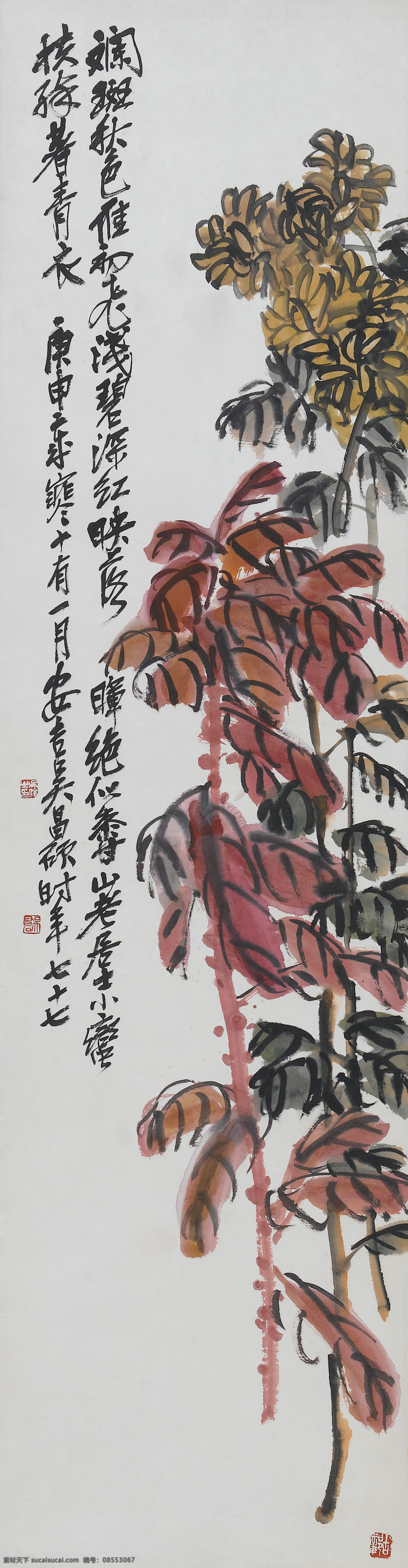 斓斑秋色 吴昌硕 国画 秋菊 红叶 花卉 水墨画 中国画 绘画书法 文化艺术 国画吴昌硕