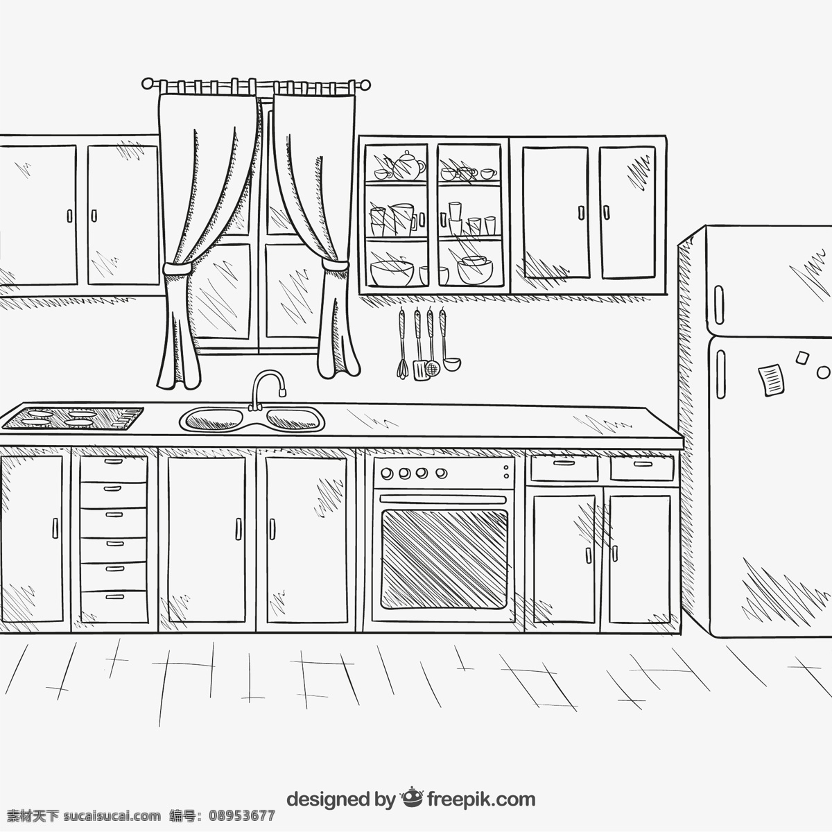 手绘 整洁 厨房 矢量 厨具 厨房用品 冰箱 窗帘 碗柜 烤箱 勺子 铲子 组合柜 窗户 水壶 矢量图
