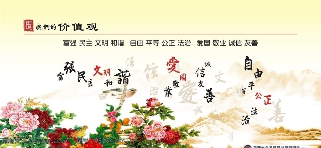 社会主义 核心 价值观 核心价值观 黄色展板 素雅 牡丹 长城