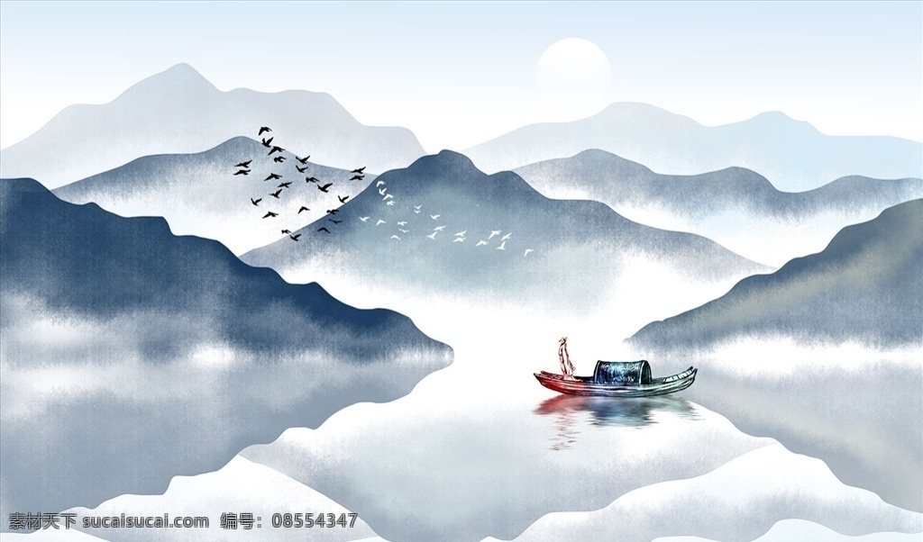 水墨山水 小船 背景墙图片 背景墙 电视背景墙 现代背景墙 中式背景墙 意境背景墙 分层