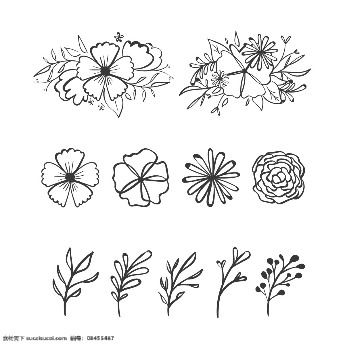 手绘 素描 风格 花卉 元素 叶 自然 线描 线条 装饰性