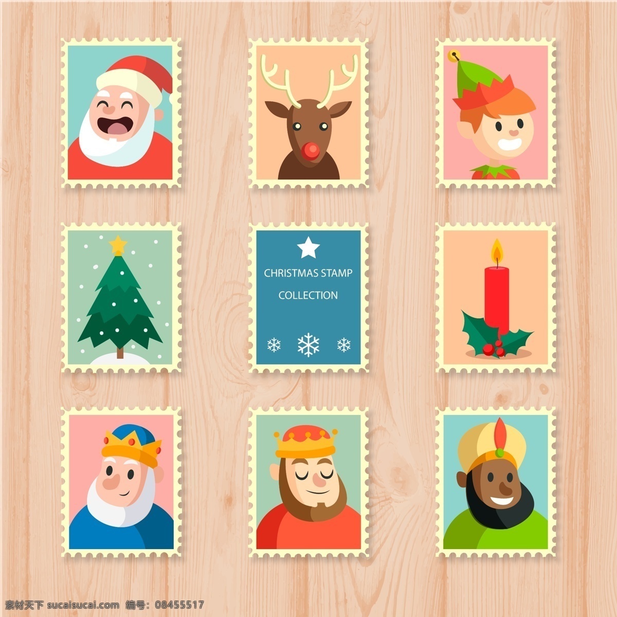 款 可爱 圣诞 元素 邮票 矢量 圣诞老人 驯鹿 精灵 圣诞树 蜡烛 国王 木板 圣诞节 标志图标 其他图标