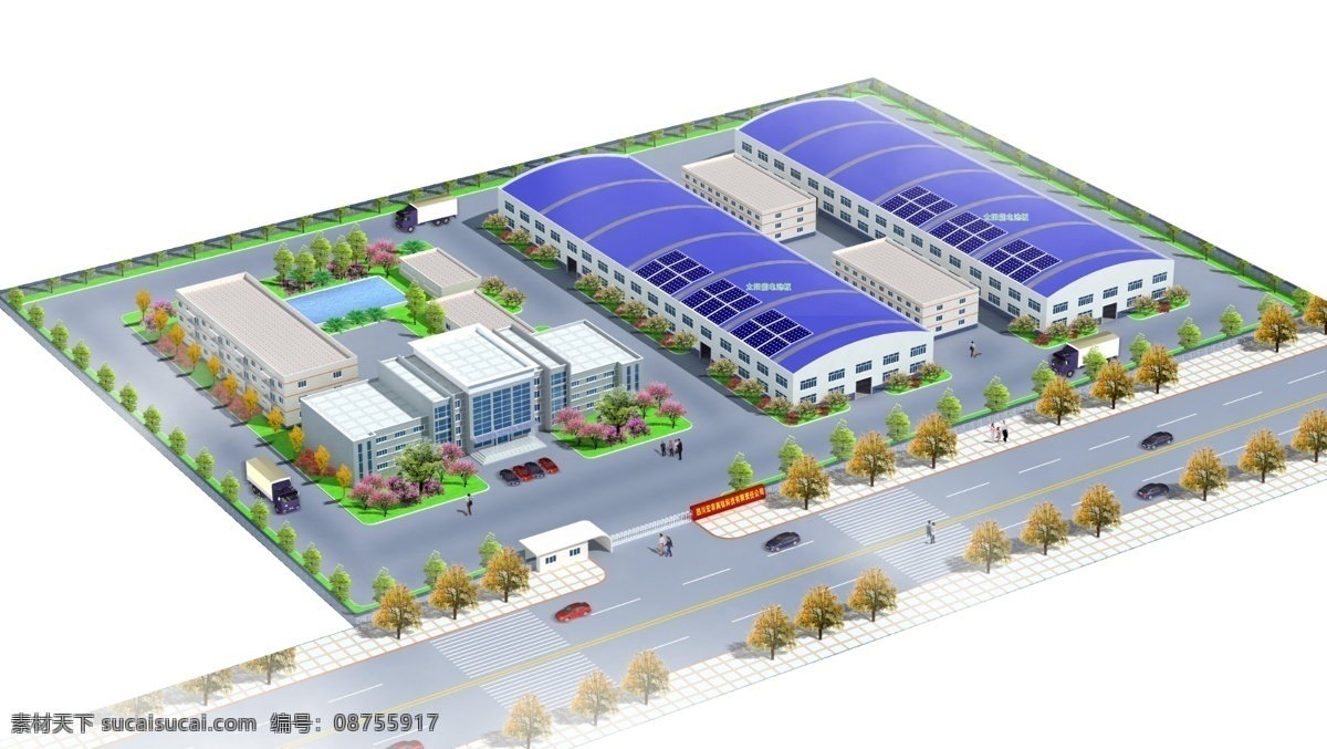 钢结构厂房 环境设计 建筑设计 源文件 建筑 厂房 效果图 模板下载 厂区绿化 厂区办公楼 彩钢瓦厂房 厂区大门 装饰素材 园林景观设计