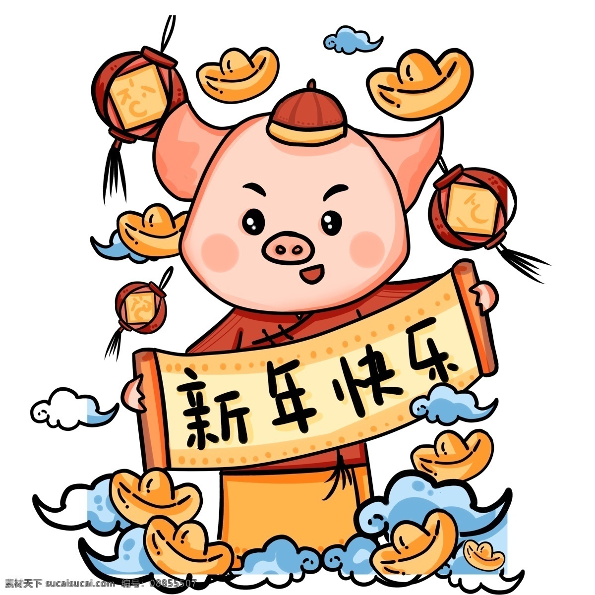 中国 风 彩绘 新年 快乐 卡通 小 猪 中国风 喜庆 插画 祥云 横幅 春节 猪年 2019年 过年 小猪形象 猪年形象 新年快乐 金元宝 灯笼