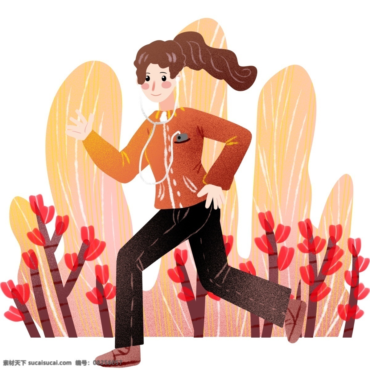 跑步 运动 女孩 插画 跑步的女孩 运动人物插画 黄色叶子 植物装饰 红色花枝 卡通插画 健身
