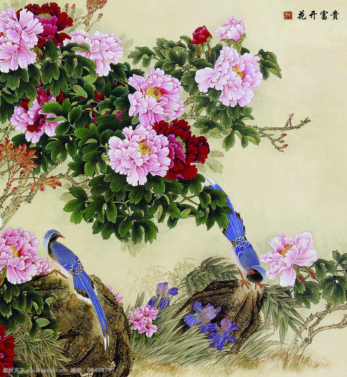 花开 富贵 国画 玄关 装饰画 背景 墙 花开富贵 工笔 牡丹 锦鸡