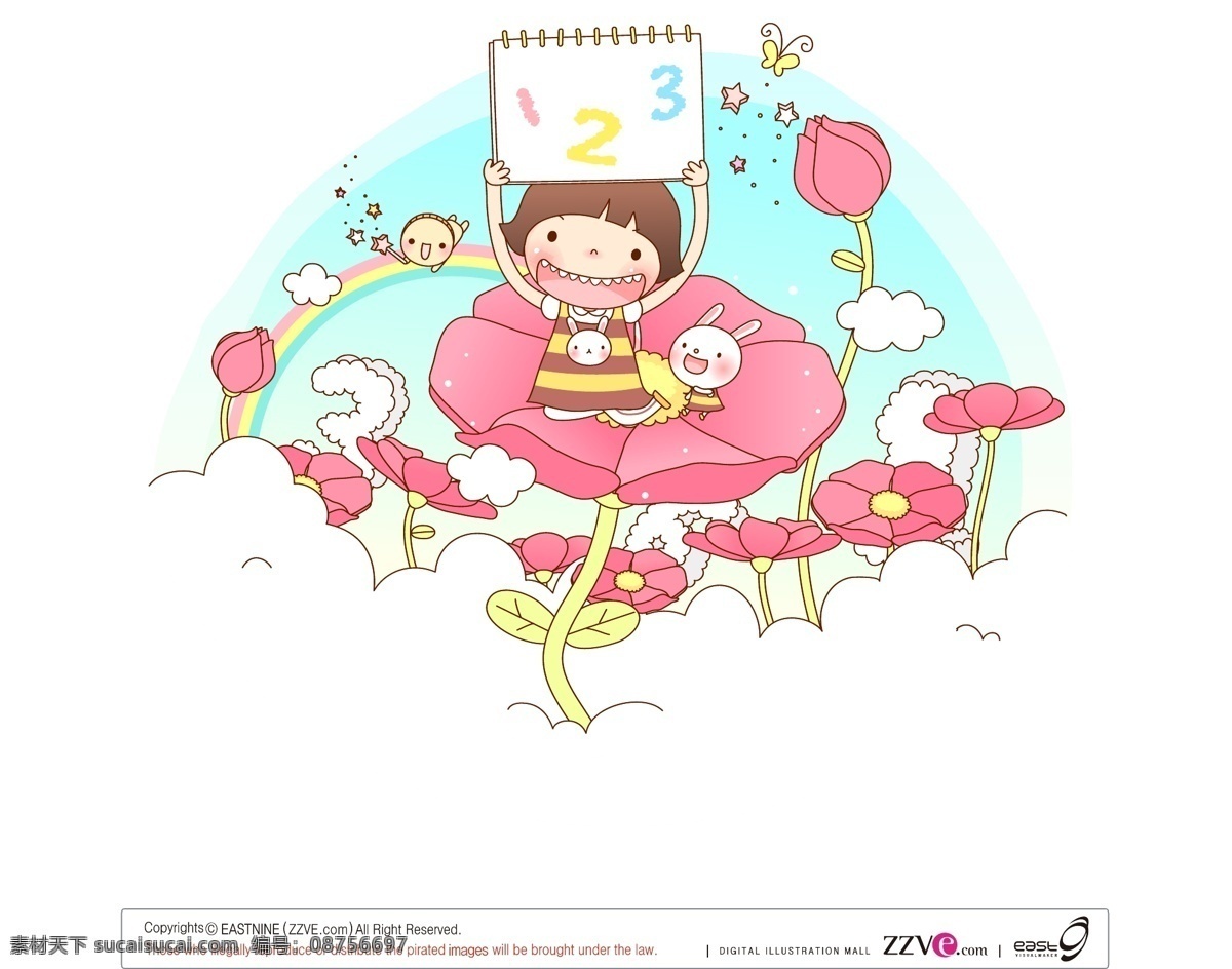 小孩子 女孩 字母 花朵 矢量背景 蓝色背景 矢量人物 白色