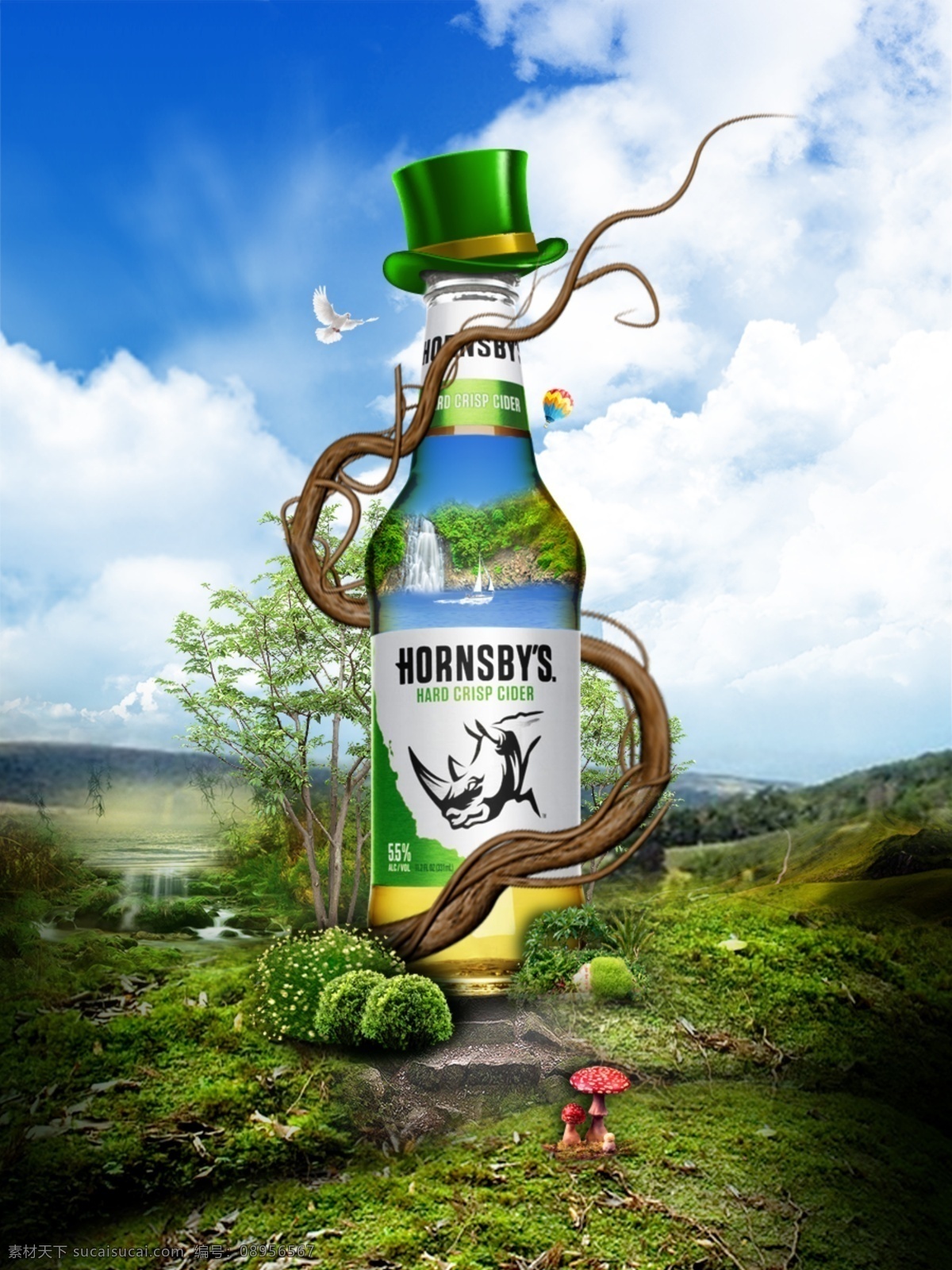 啤酒合成海报 创意 绿色 山 植物 藤条 啤酒 帽子 蘑菇 蓝天 白云 树 景色 自然
