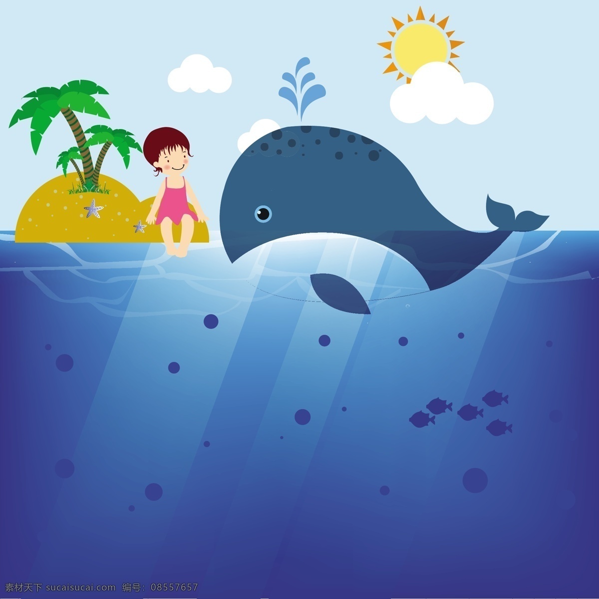 大 鲸鱼 小女孩 海洋 背景 背景素材 插画 扁平化 女孩 岛屿 椰树