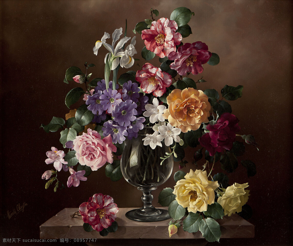 静物鲜花 混搭鲜花 永恒之美 玻璃花瓶 台子 20世纪油画 油画 绘画书法 文化艺术