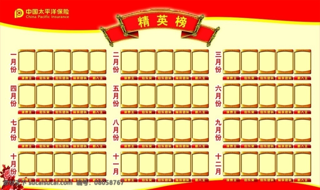 太平洋保险 精英榜 太平洋 保险 光荣榜 展板模板 矢量