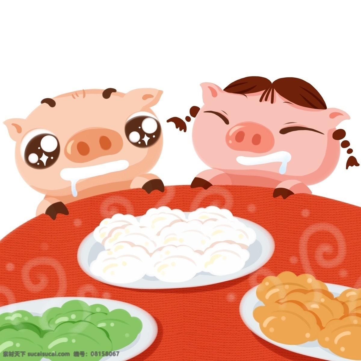 手绘 期待 吃 饺子 小 猪 商用 小猪 彩色 春节 可爱 吃饺子 馋 口水 新年 儿童