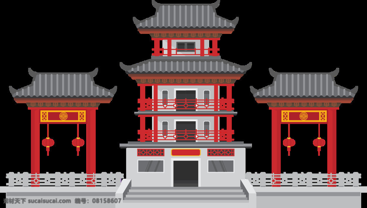 卡通 古 画风 建筑 元素 png元素 灯笼 古代 绘画 免抠元素 透明素材 喜庆