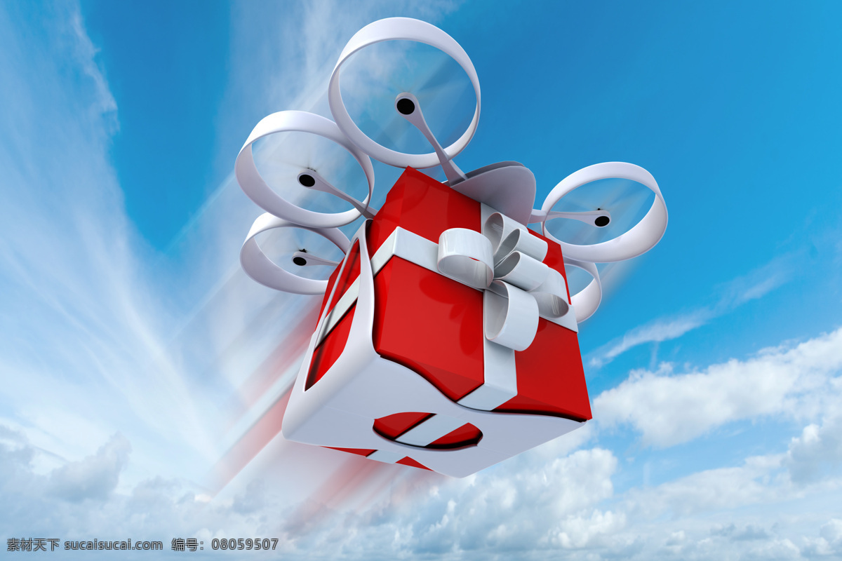 无人机 小飞机 遥控飞机 智能无人机 快递 蓝天 白云 礼盒 礼物 礼品 现代科技 交通工具