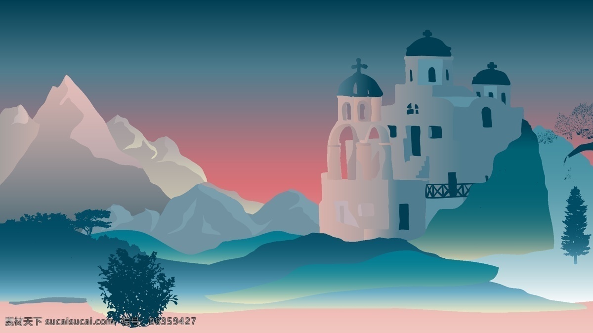 手绘 写实 风景 山上 别墅 建筑 矢量 插画 矢量插画 树木 傍晚 手绘写实风景 建筑风景 山