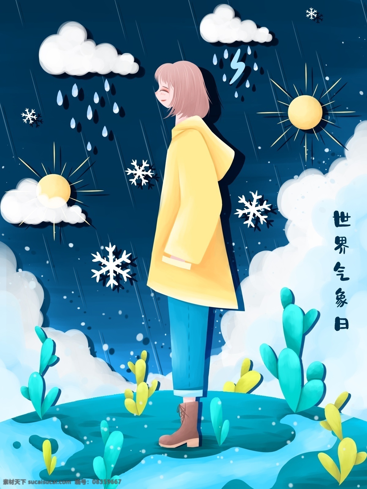 世界 气象 日 小 清新 插画 世界气象日 天气 天气预报 女孩 雨 下雨 寓意 云 晴天 多云 雪 雪花 地球 壁纸 背景 日签