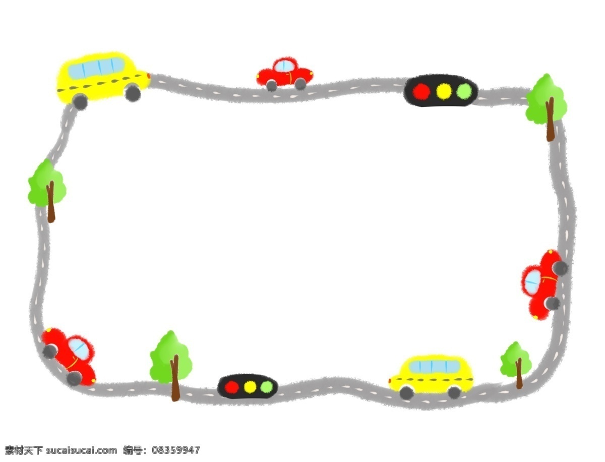 手绘 汽车 边框 插画 卡通插画 手绘插画 边框插画 小轿车 红绿灯 高大的树木 大巴车 汽车边框