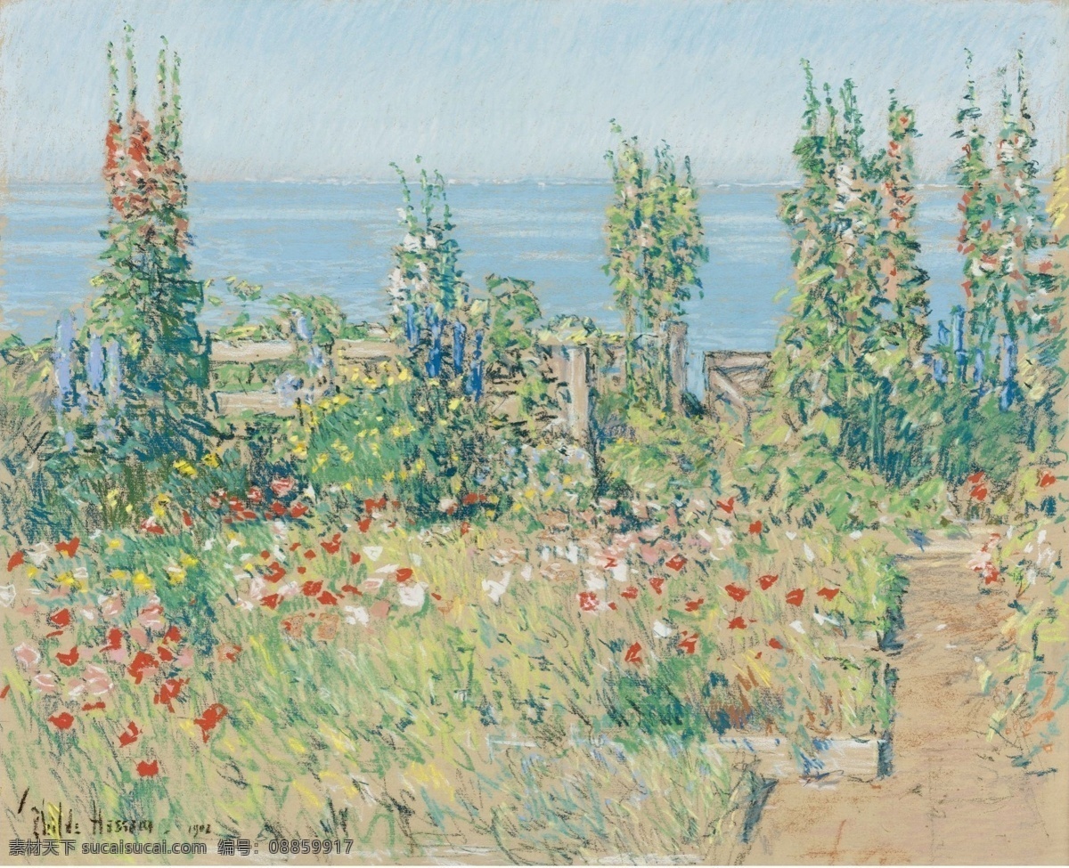 1902 大师 画家 风景画 静物 油画 建筑 装饰画 shoals of isle hollyhocks hassam childe frederick 人物 高清 西方 国外 现代 家居装饰素材