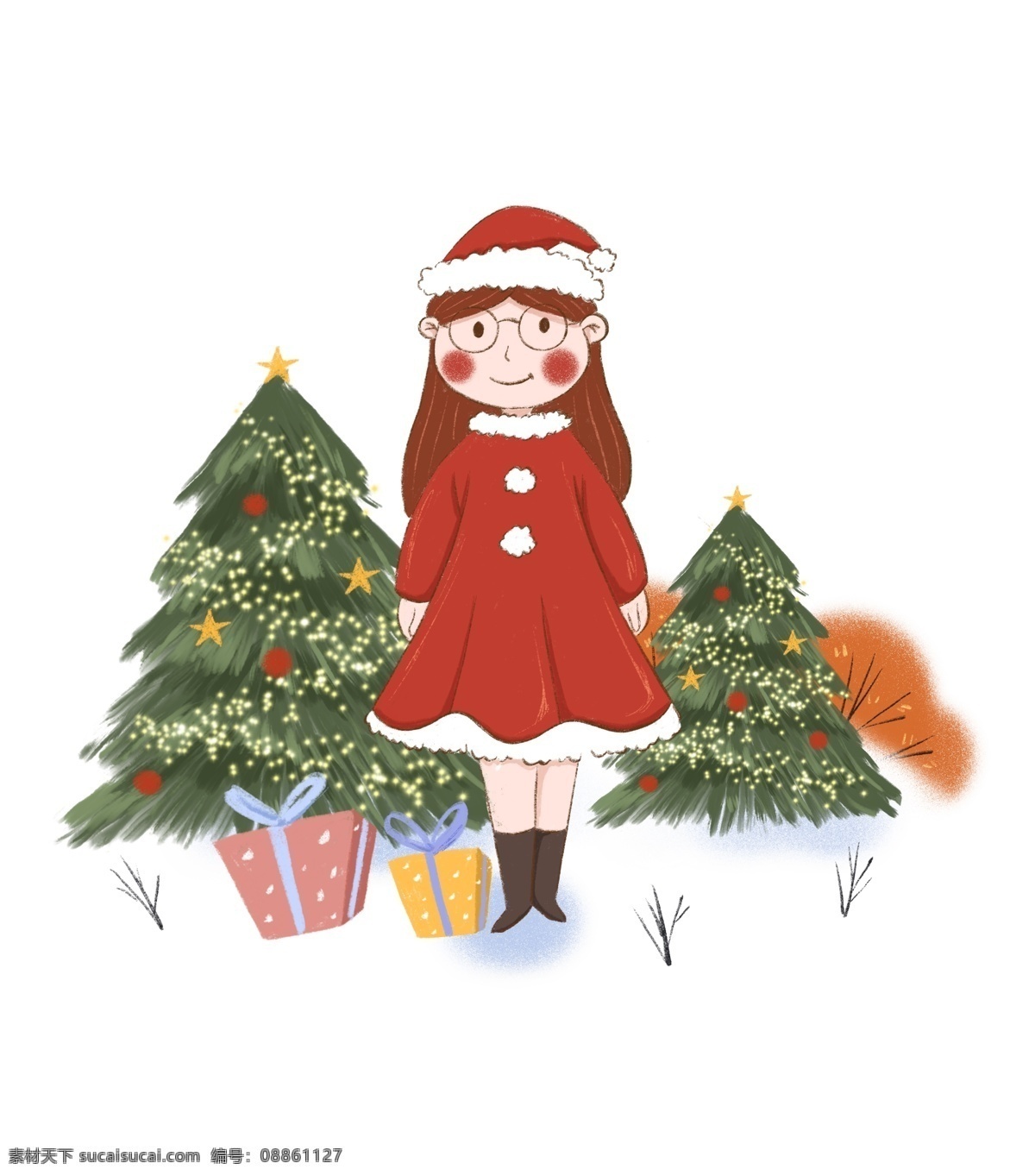 手绘 小 清新 圣诞节 带 圣诞 帽 女生 圣诞树 戴 手绘人物 植物 绿植 礼物 礼盒 盒子 树枝 星星 小清新 蜡笔画