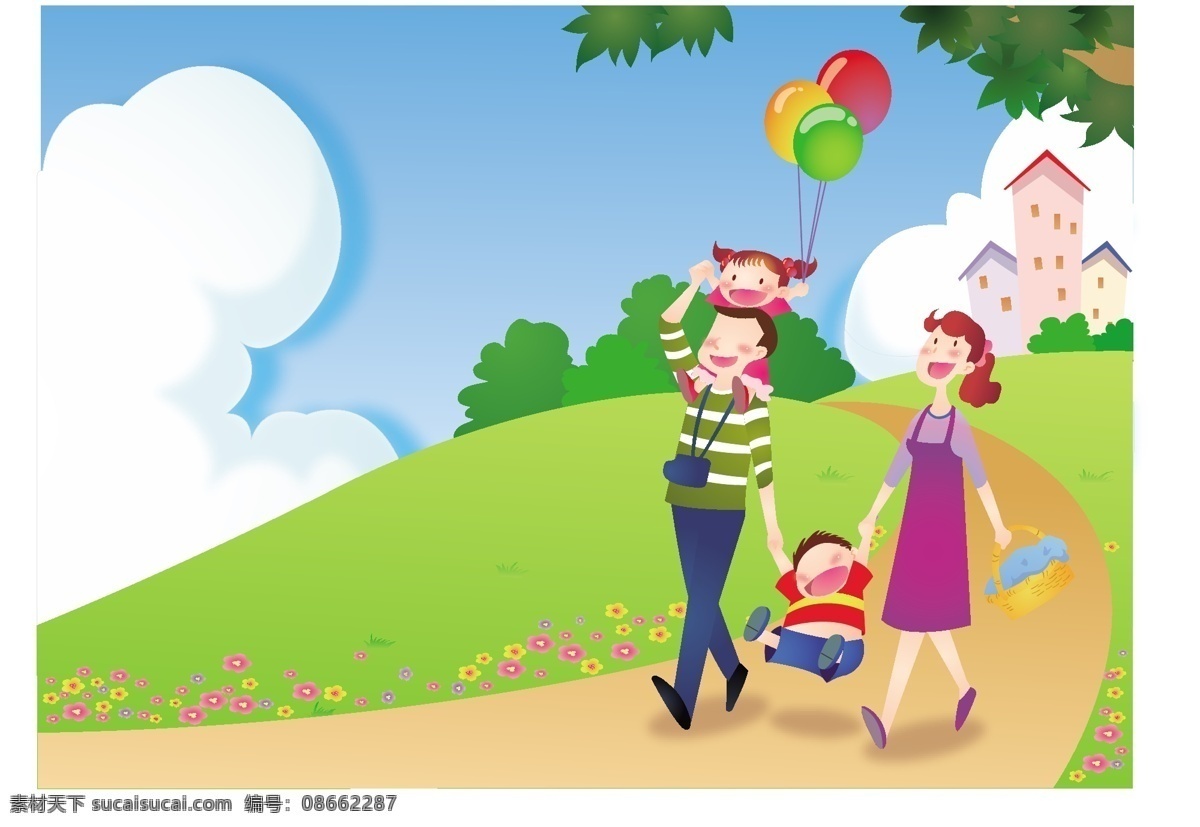开心 周末 环保 旅游 踏青 天晴 天空 草地 蓝天 白云 花朵 房屋 气球 爸爸 妈妈 弟弟 妹妹 哥哥 姐姐 一家人 卡通 手绘 矢量 温馨 动漫动画 动漫人物 矢量卡通 卡通设计