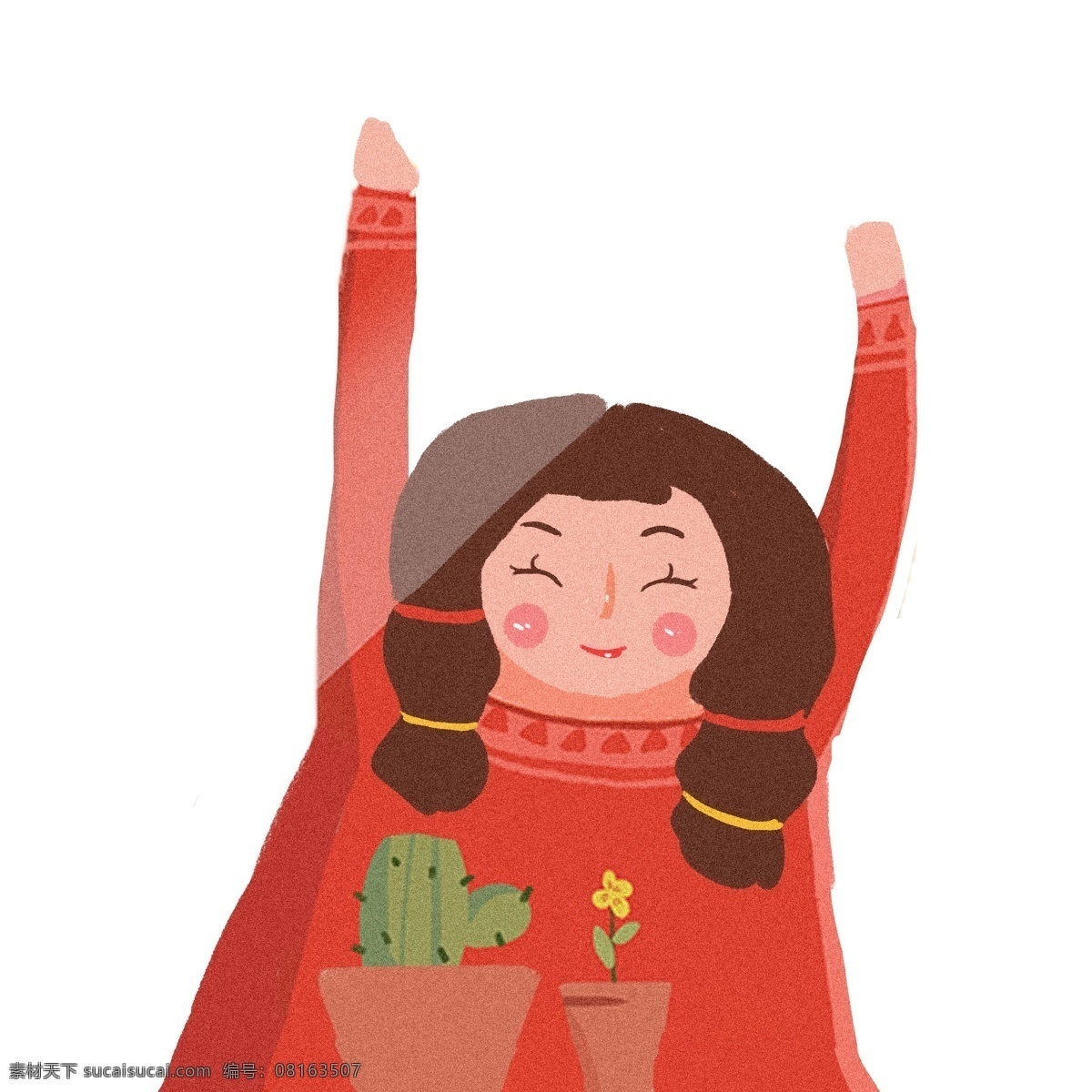 招手 小女孩 卡通 招手的小女孩 长发小女孩 红衣服小女孩 喜庆小女孩 过年啦 新年快乐 打招呼