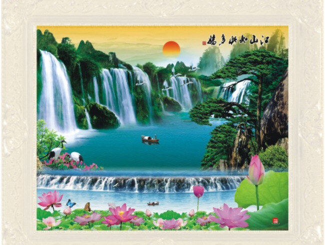 荷塘 山水画 财源滚滚 风景画 江山如此多娇 瀑布 日出 自然风光 自然风景 自然景观 瀑布日出 瀑布山水画 水到渠成 水为财 家居装饰素材 山水风景画