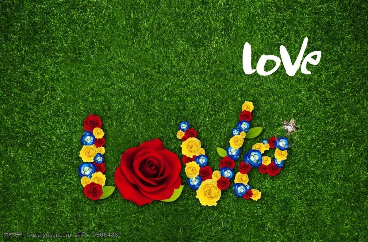 草地 上 love 花朵 英文 psd素材 爱情 花卉 psd源文件