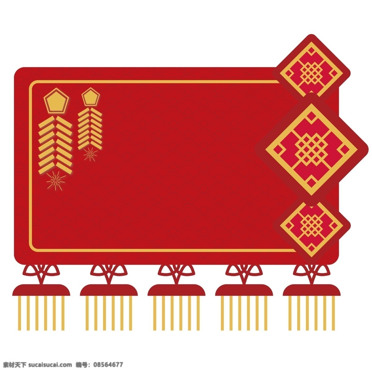 手绘 新年 鞭炮 边框 黄色的鞭炮 黄色的中国结 红色的边框 黄色的吊穗 卡通插画 手绘新年边框
