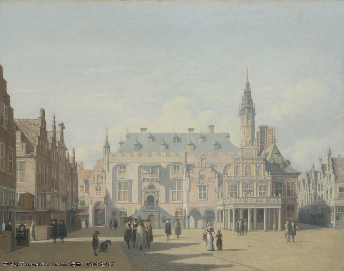 haarlem 大师 画家 古典 画 建筑 景物 装饰画 油画 hall town and place market the berckheyde gerrit 人物 高清 西方 国外 现代 家居装饰素材