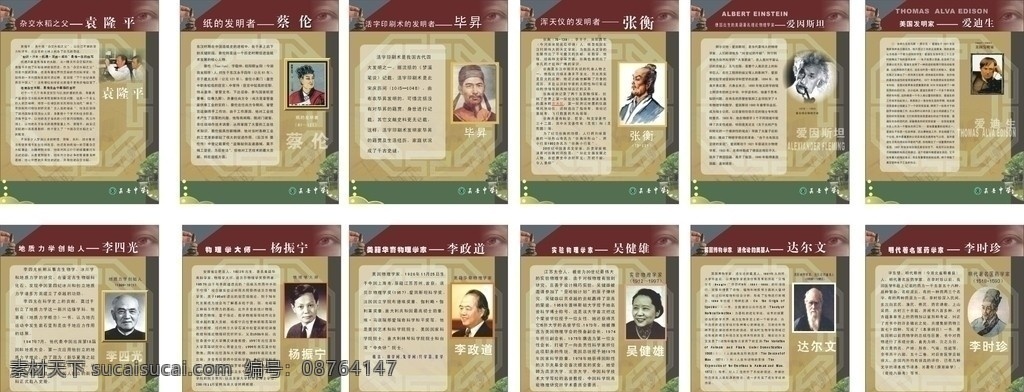 科学家的故事 科学家介绍 文学家 发明家 袁隆平 蔡伦 毕升 爱迪生 李四光 杨振宁 李政道等 展板模板 矢量