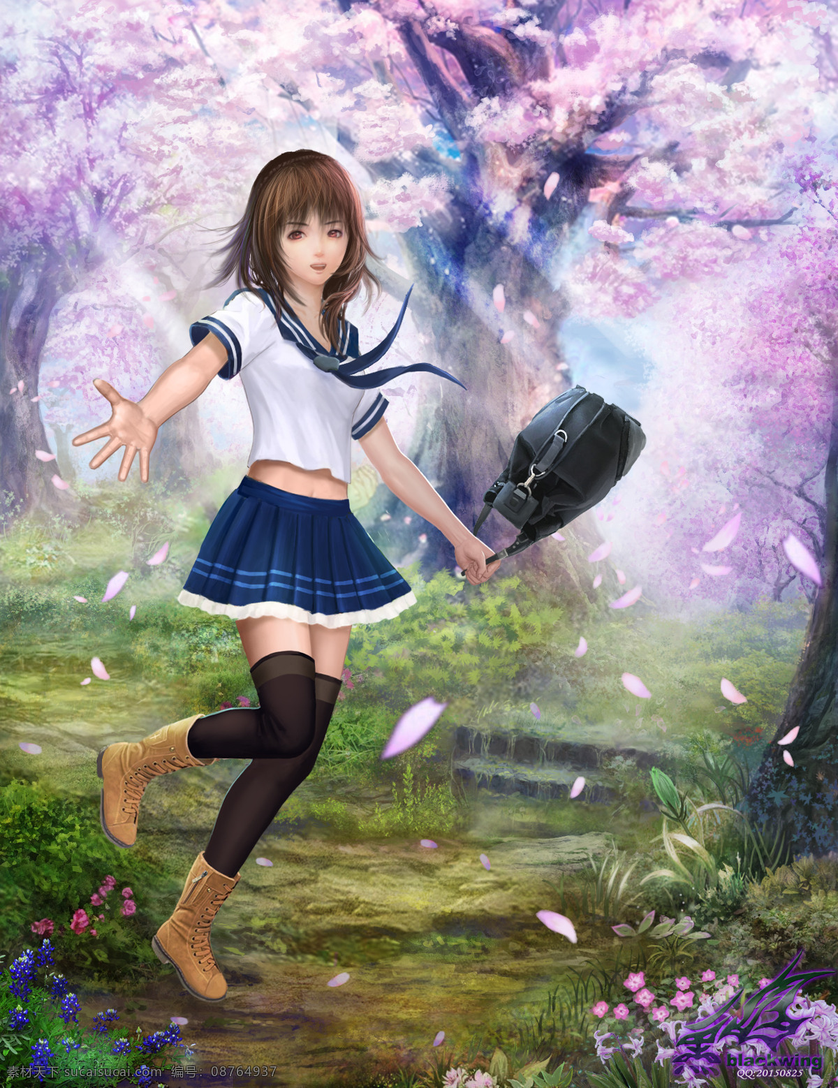girl 包 背景 草地 动漫动画 动漫人物 花瓣 美女 水手 服 海报 设计素材 模板下载 水手服海报 水手服 女孩 樱花 手绘 靴子 beauty 少女 手绘海报