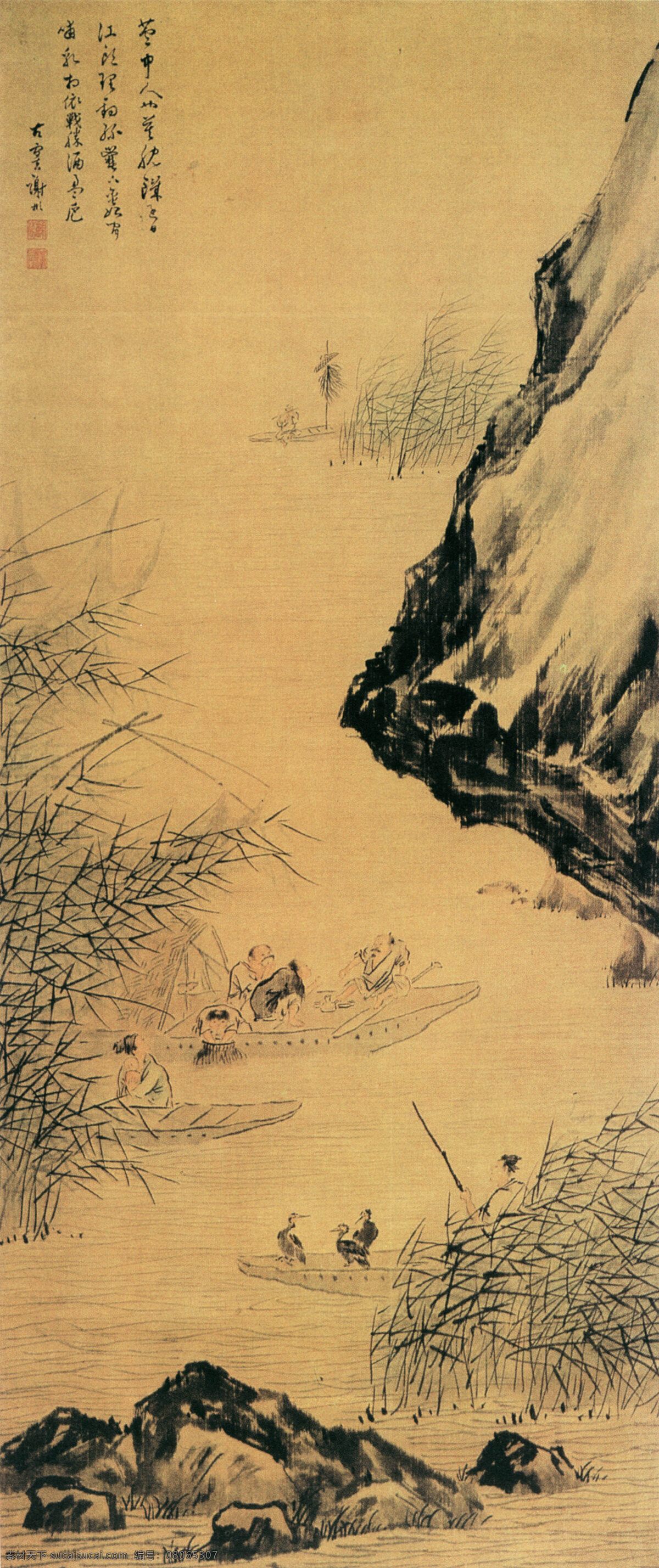 竹下 划船 风景 古典 古画 国画 绘画 山水 山水画 峡谷 中国画 竹下划船 中华传世国画 中国画艺术 幽谷 家居装饰素材 室内装饰用图