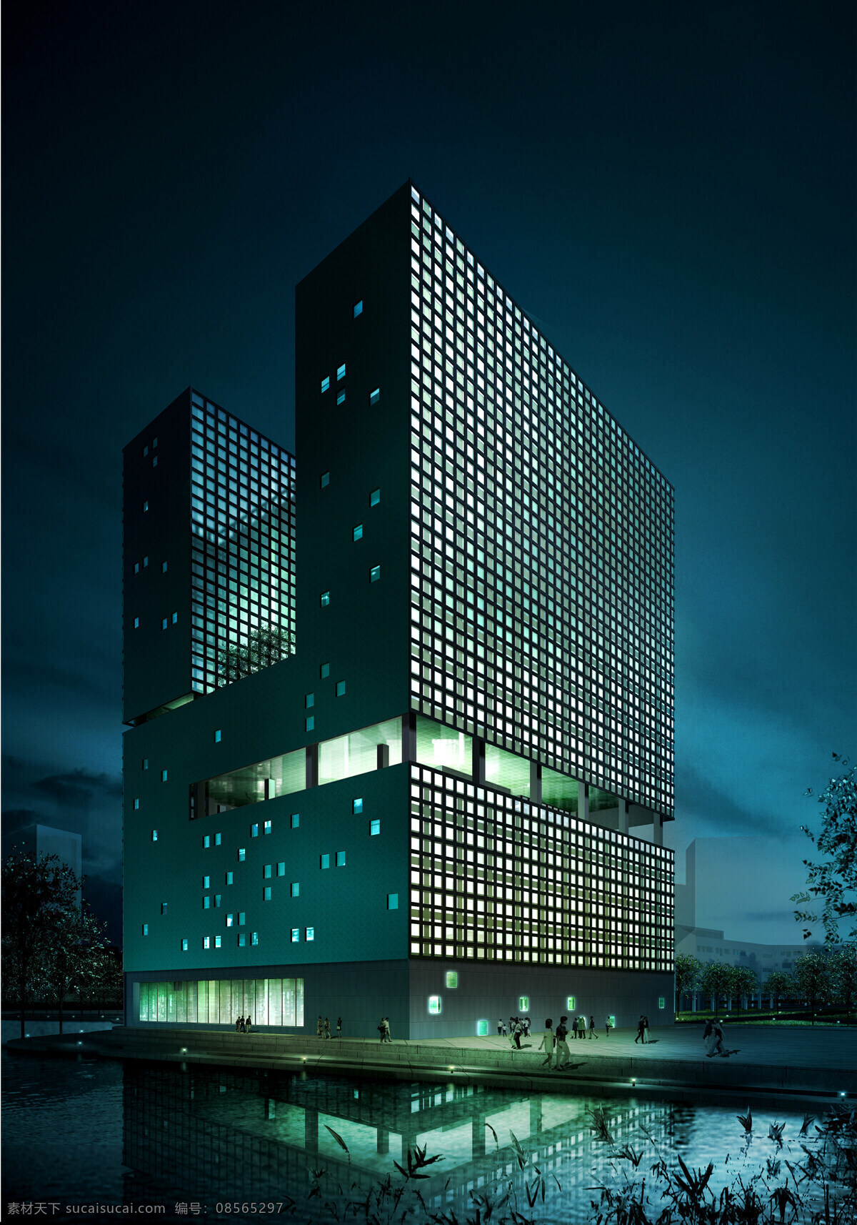 行政 楼 夜景 湖水 环境设计 建筑 建筑设计 天空 现代化 行政楼夜景 装饰素材