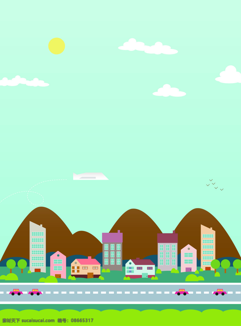 矢量 卡通 儿童 插画 公路 背景 建筑 蓝天 手绘 童趣 远山