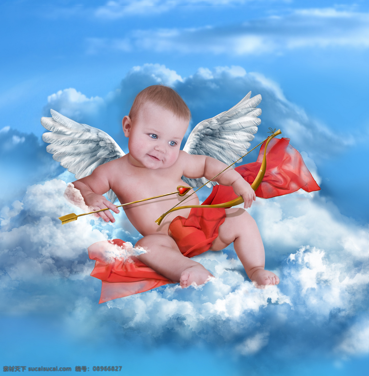 坐在 白云 上 丘比特 爱神 天使 翅膀 可爱 小男孩 宝宝 丘比特之箭 弓箭 情人节 节日素材 儿童图片 人物图片