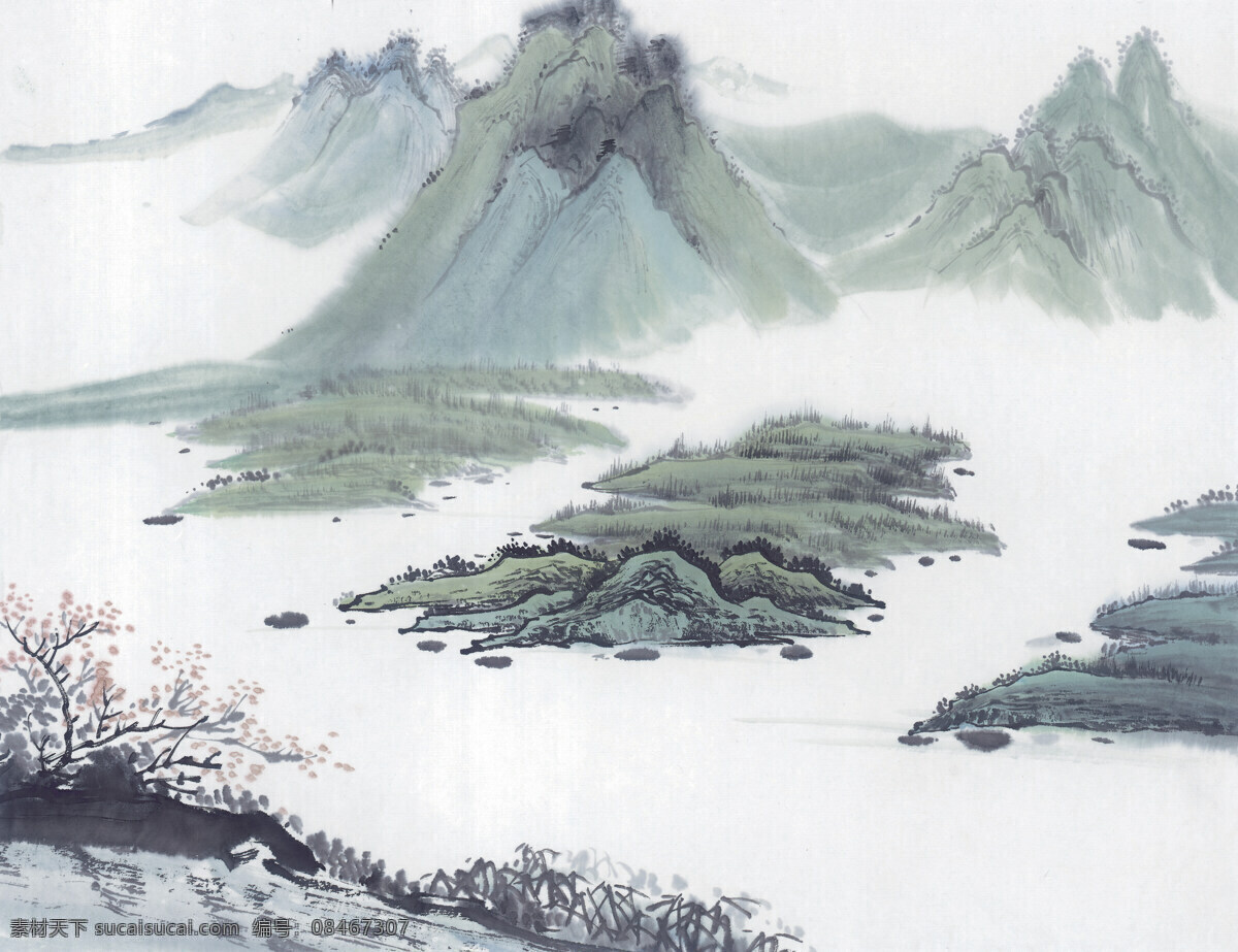 国画 山水 群山 翠色 丹青 水墨丹青 水墨画 水墨山水 笔墨 毛笔画 树木 意境 大山 远山 苍山 云雾 郁郁葱葱 云雾缭绕 草地 土地 草坡 高清图片 书画文字 文化艺术