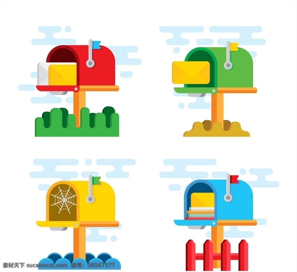 彩色 信箱 信件 蜘蛛网 草坪 邮筒 矢量 高清图片