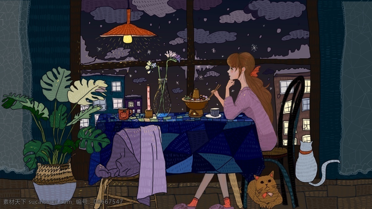 唯美 小 清新 女神 女生 节 插画 可爱 小清新 猫 火锅 女神节 线描