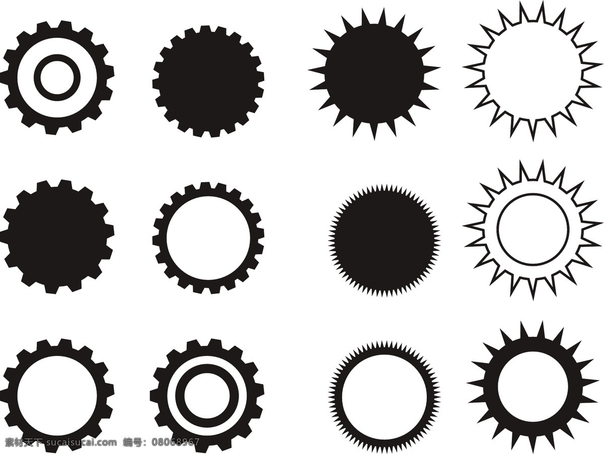 齿轮 轮子 齿轮剪影 各种齿轮 机械齿轮 锯齿轮 工业齿轮 零件 机械零件 机器零件 齿 轮 黑色描边 现代工业 现代科技 矢量