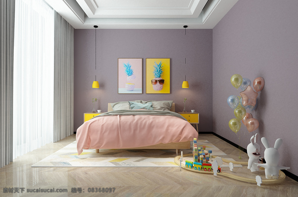 现代 简约 儿童 房 效果图 时尚 可爱 3d 卧室 粉色 儿童房