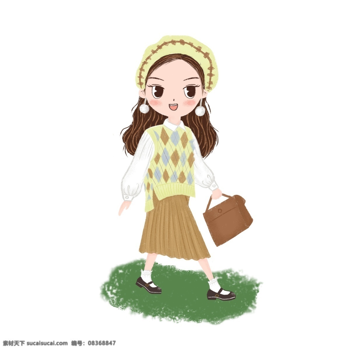 卡通 可爱 小 姐姐 提包 旅游 插画 小女孩 上学小女孩 提包人物 裙子 白衬衣 女孩 文 艺风 玩耍 人物 元素 长发 清新 黑皮鞋 时尚的女孩