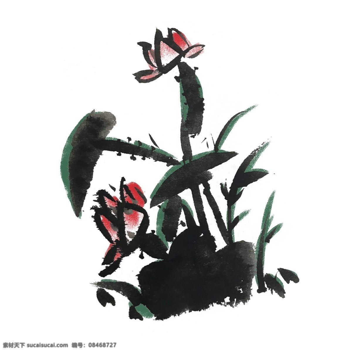夏天 荷花 水墨 风 手绘 夏季 荷叶 出水芙蓉 芙蓉 中国风 古风 水墨风 墨迹 彩色 插画 春天 生动 花草 国风