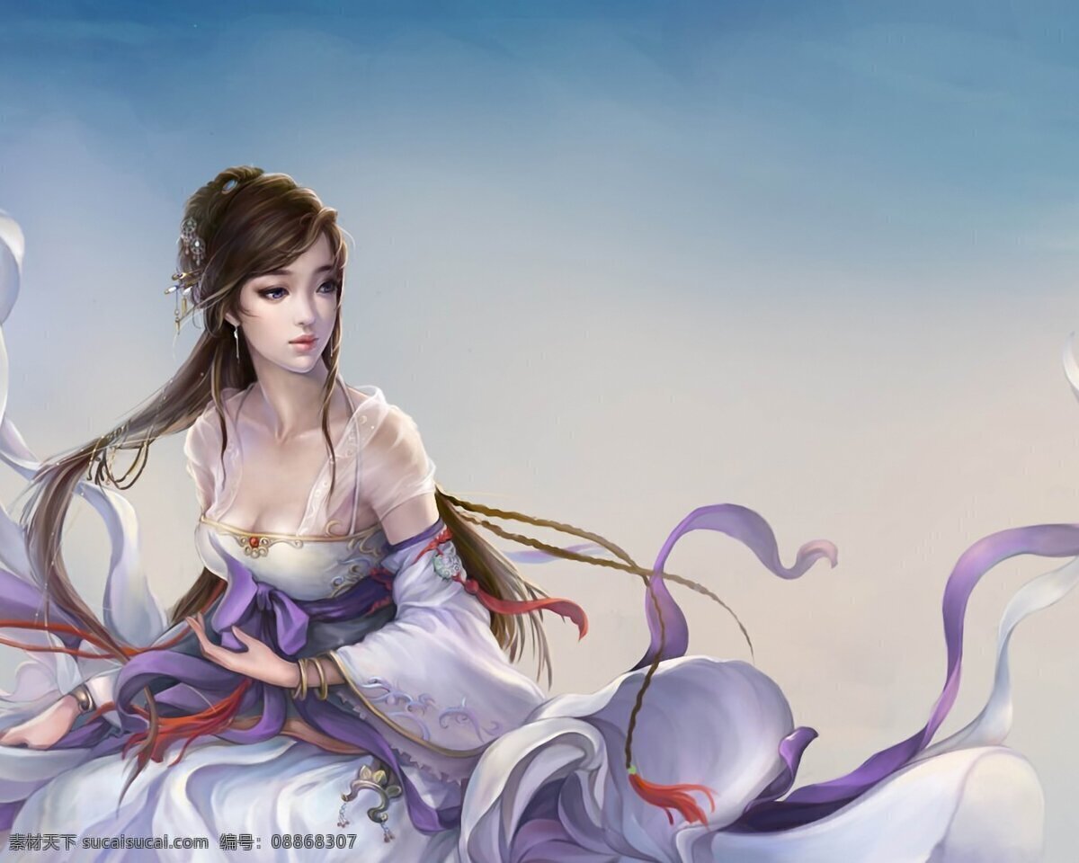 手绘美女 古装 古装美女 飘带 蓝天 幻想 插画 美女 数字绘画 艺术 绘画 板绘美女 美女壁纸 高清壁纸 壁纸 动漫人物 动漫动画