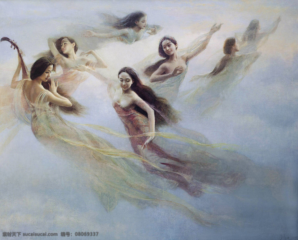 云端 飞翔 八 仙女 油画 八仙女 美女 东方人物 绘画 文化艺术 世界名画 书画文字