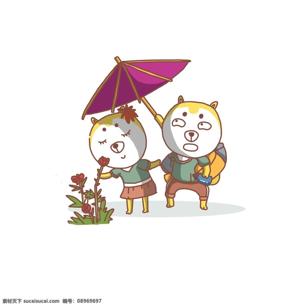 卡通 手绘 恋爱 狗 打伞 旅游 玫瑰花 谈恋爱的狗