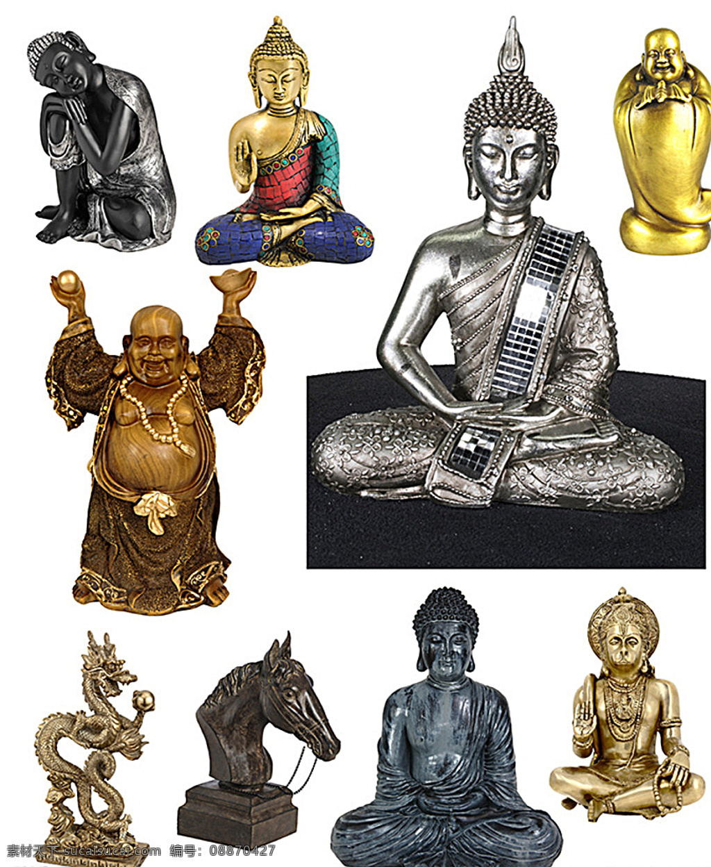 佛像 泰国佛像 金佛像 银佛像 中国金龙 如来佛 马头像 笑佛 雕塑古董 分层 白色